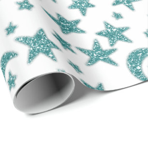 Stars Moon Funkelnd Aquamarin Aqua Blue White Geschenkpapier