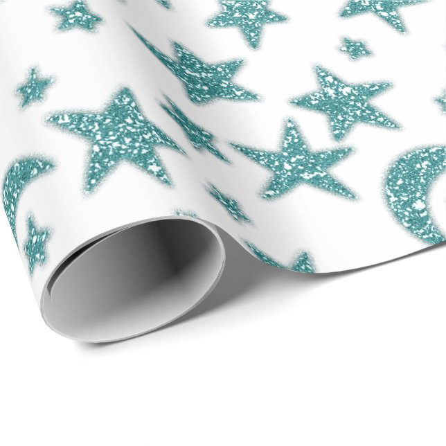 Stars Moon Funkelnd Aquamarin Aqua Blue White Geschenkpapier (Rolleneckpunkt)