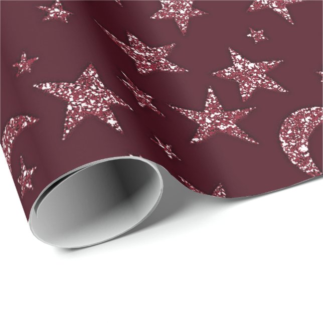 Stars Moon Funkelnd Burgundy Glitzer Night Geschenkpapier (Rolleneckpunkt)
