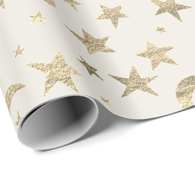 Stars Moon Ivory Creamy Gold Metal Sky Champaign Geschenkpapier (Rolleneckpunkt)