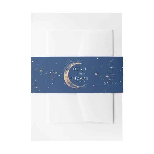 Stars Moon Navy Blue and Gold Celestiding Wedding Einladungsbanderole (Vorderseite Beispiel)
