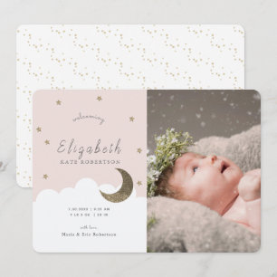 Stars & Moon Pink Girl Foto Geburtserklärung Einladung