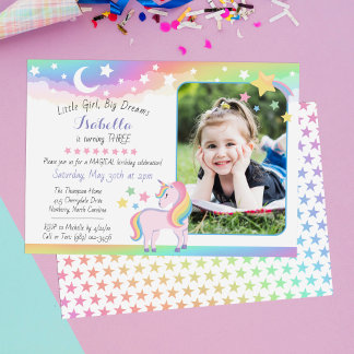 Stars & Moon Rainbow Sky Einhorn Geburtstags-Foto Einladung