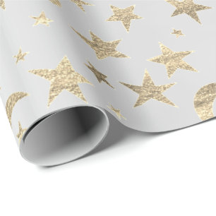 Stars Moon Silver Gray Gold Metallic Sky Champaign Geschenkpapier