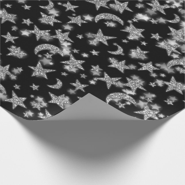 Stars Moon Spark Night Galaxy Black Silver Grau Geschenkpapier (Ecke)