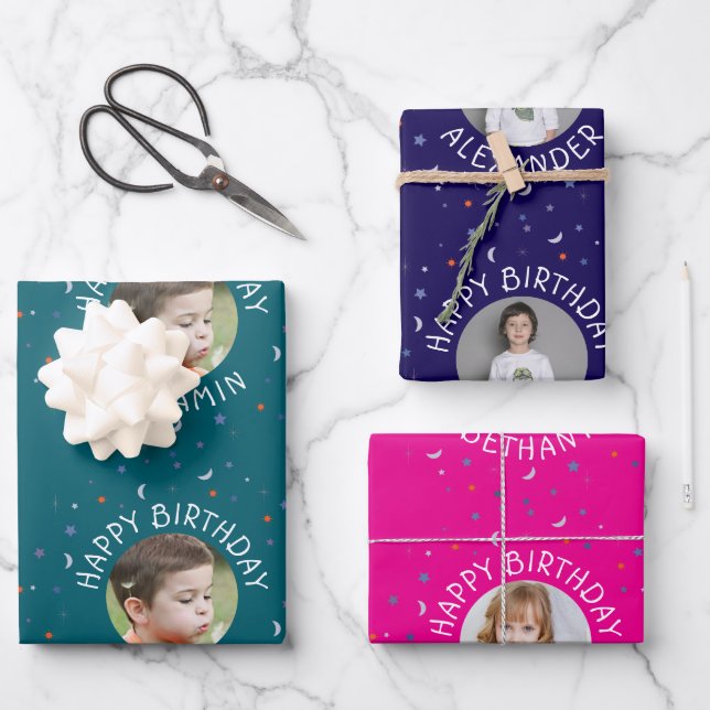 Stars Moon Sun Wrapping Paper Flat Sheet Set 3 Geschenkpapier Set (Vorderseite)