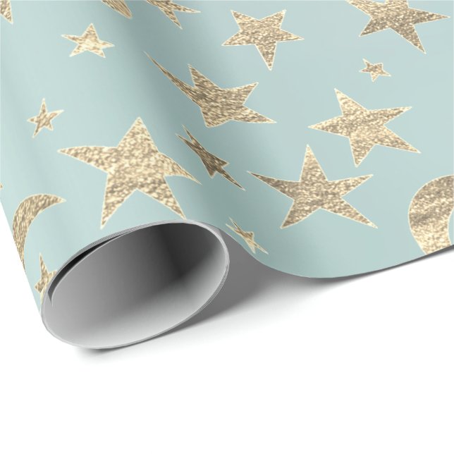 Stars Moon Tiffany Aqua Gold Metal Sky Champaign Geschenkpapier (Rolleneckpunkt)