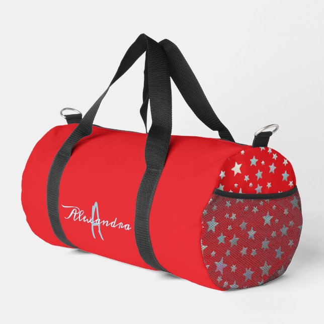 Stars Muster Bright Red Cool Trendy Mit Monogramm Duffle Bag (Rechte Ecke)