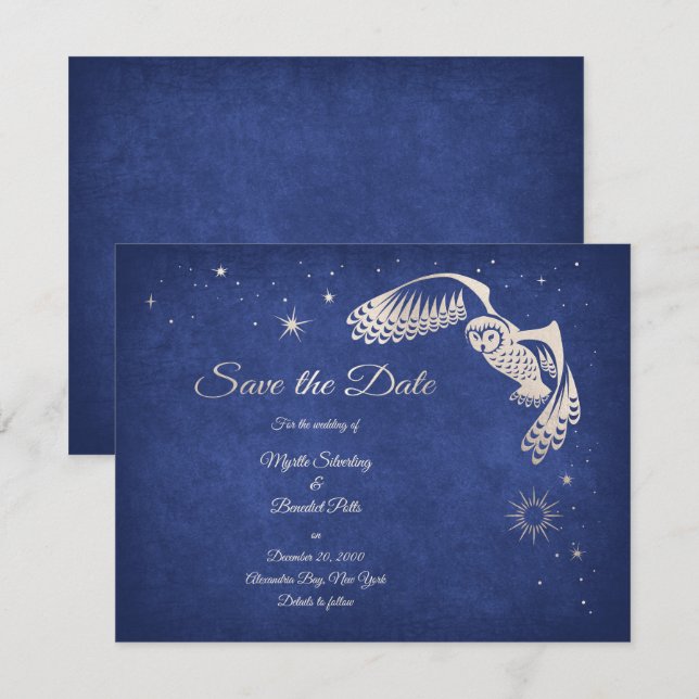 Stars Owl Blue Wizard Magic Wedding Save The Date (Vorne/Hinten)