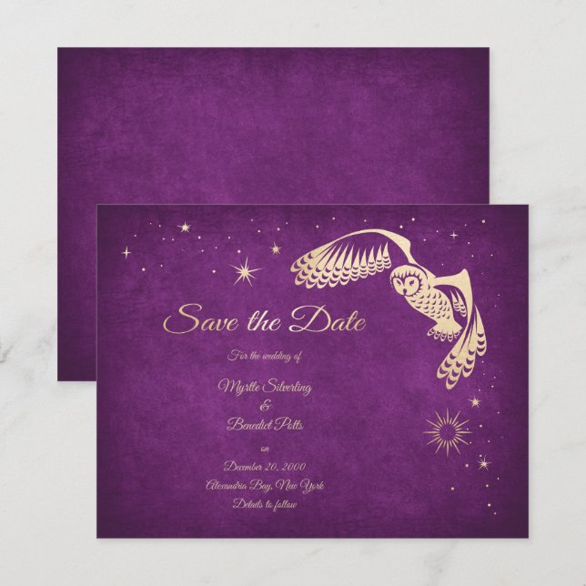 Stars Owl Lila Zauberer Hochzeit Save The Date (Vorne/Hinten)