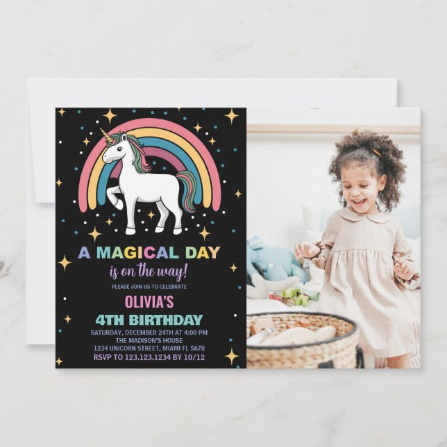 Stars Rainbow Unicorn Birthday Einladungen Foto (Vorderseite)