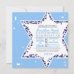 Stars & Squares Bar Bat Mitzvah Einladung Blue