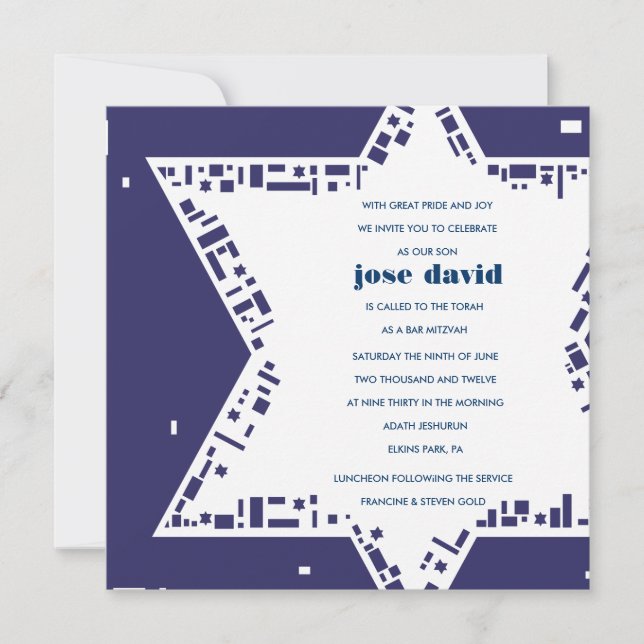 Stars & Squares Bar Bat Mitzvah Einladung Blue (Vorderseite)