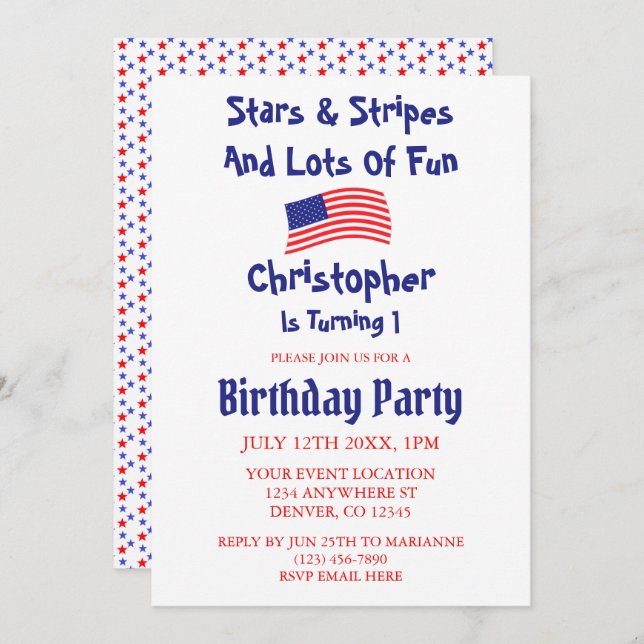 Stars & Streifen 1. Geburtstag Einladung (Vorne/Hinten)
