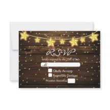 Stars String Lights Rustic Wood Wedding RSVP Card