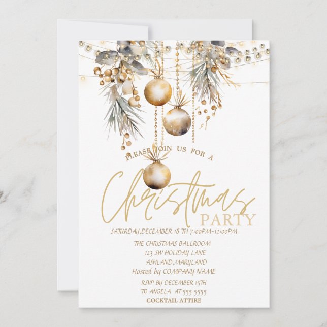 Stars, String Lights Vintag Balls Weihnachten Einladung (Vorderseite)