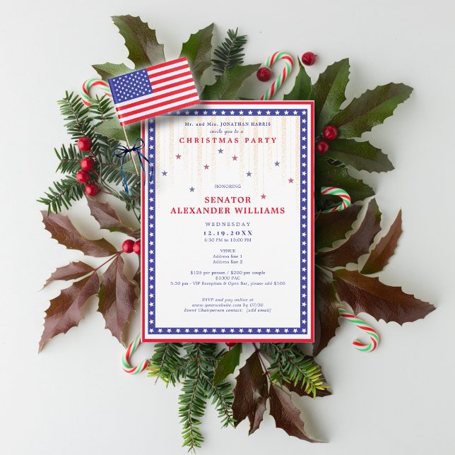 Stars & Stripes American Flag Holiday Fundraiser Einladung (Stars & Stripes American Flag Christmas Political Candidate Party Fundraiser Invitation)