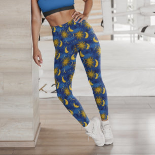 Stars Sun Moon Celestial Muster Blue Gold Leggings