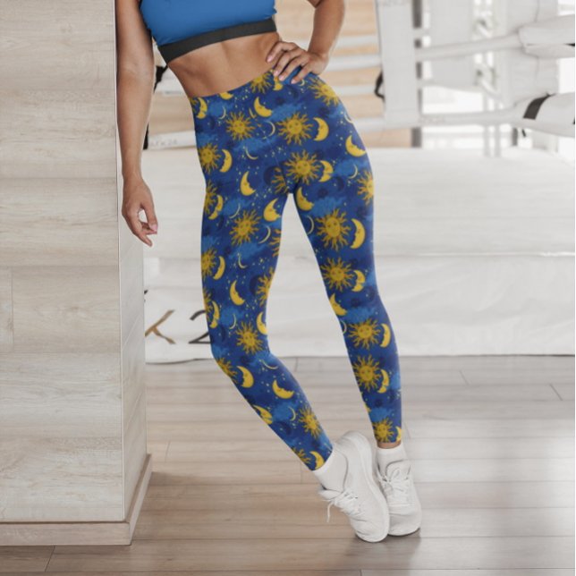 Stars Sun Moon Celestial Muster Blue Gold Leggings (Von Creator hochgeladen)