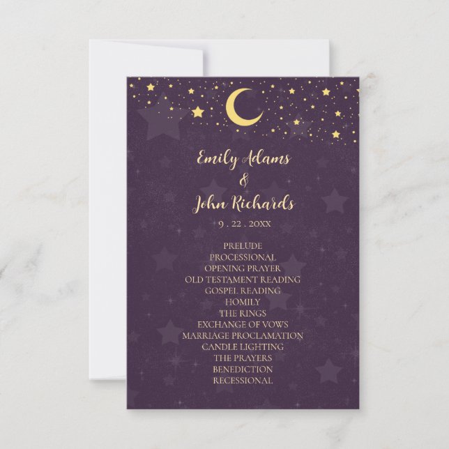 Stars und Mond des Lila Hochzeitsprogramms (Vorderseite)