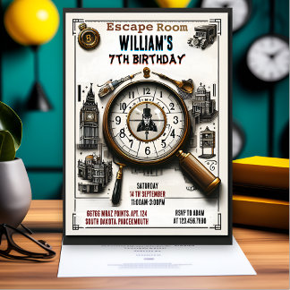 Start Clue Spy Escape Room 7. Geburtstag Einladung