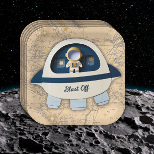 Start frei! Moderne Vintage-Astronauten-Baby-Party Pappteller