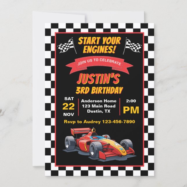 Starten Sie Ihr Motors Kindergeburtstag Party Einladung (Vorderseite)