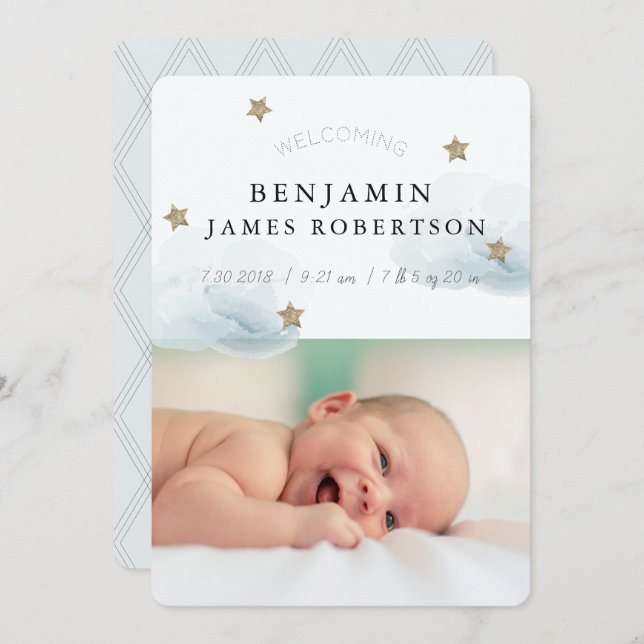 Starts & Clouds Boy Blue Birth Announccard Einladung (Vorne/Hinten)
