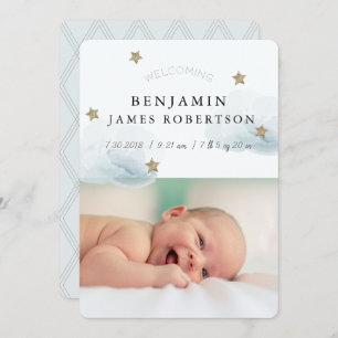 Starts & Clouds Boy Blue Birth Announccard Einladung