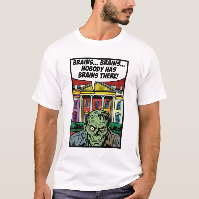 Starving at the Summit: No Brains Pop-Art Zombie T-Shirt (Vorderseite)