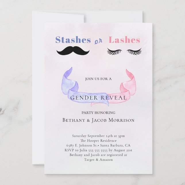 Stashes oder Lashes Gender Reveal Baby Shower Einladung (Vorderseite)