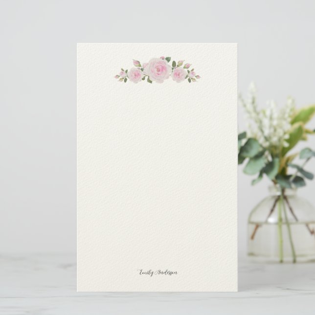 Stationary Paper with Name Soft Pink Roses Briefpapier (Stehend Vorderseite)