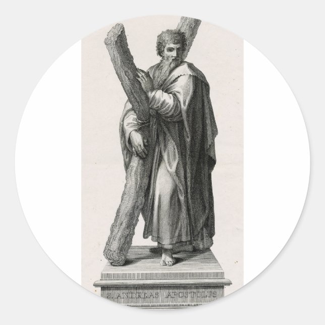 Statue des Heiligen Andreas Apostel mit Kreuz Runder Aufkleber (Vorderseite)