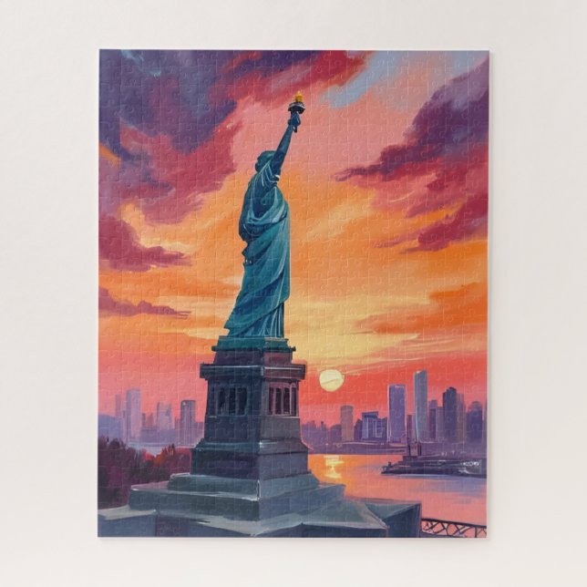 Statue of Liberty NYC Skyline Sunset Watercolor Puzzle (Vertikal)
