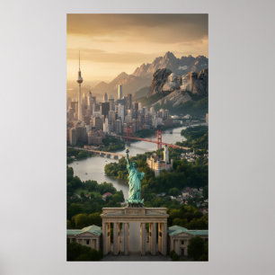 Statue of Liberty und globale Wahrzeichen Fantasy  Poster