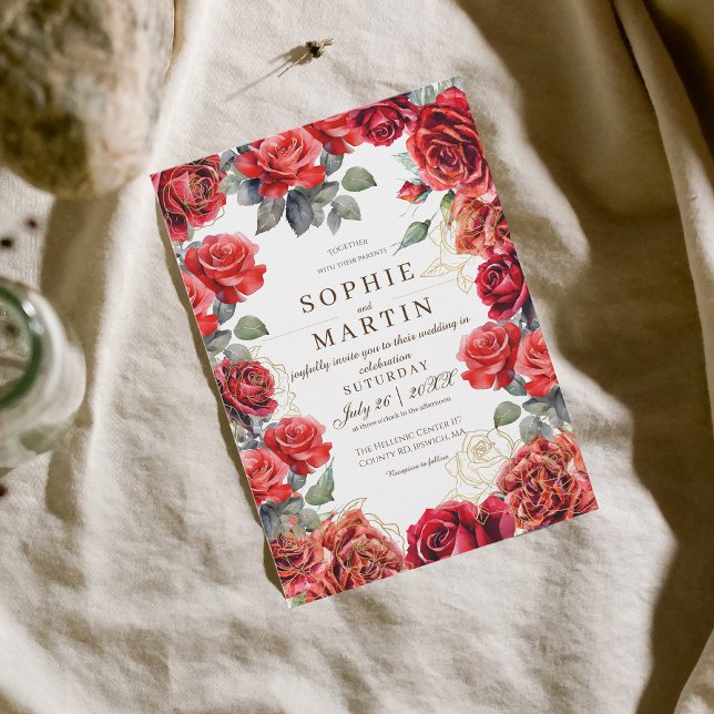 Staub-Rote Rosen Gold-Blume-Hochzeit Einladung (Von Creator hochgeladen)
