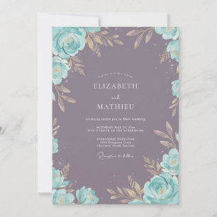 Staub-Violett-Aqua-Blättrige Hochzeit Einladung