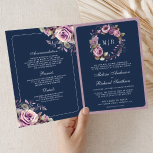 Staub-Violett-Blumen-QR-Code-Navy-Blau-Hochzeit Einladung