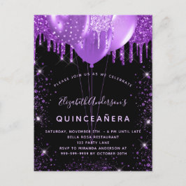 Staubballons aus lila Glitzer aus Quinceanera Einladungspostkarte