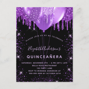 Staubballons aus lila Glitzer aus Quinceanera Einladungspostkarte