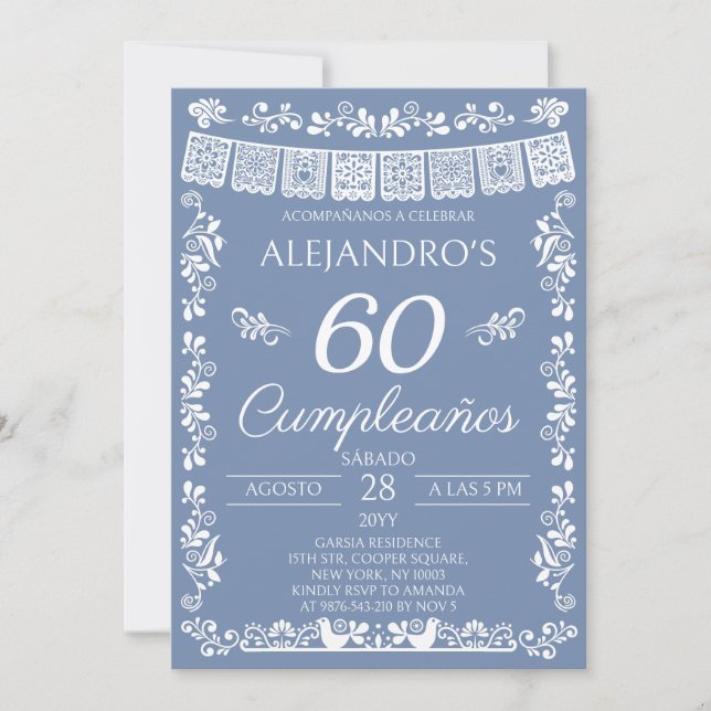 Staubblau 60. Geburtstagsfeier Cumpleaños Einladung (Vorderseite)