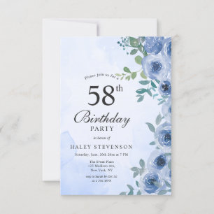 Staubblau-Aquarell-Blumen-Chic 58. Geburtstag In Einladung