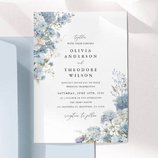 Staubblau Aquarell Blumen Elegante Hochzeit Einladung