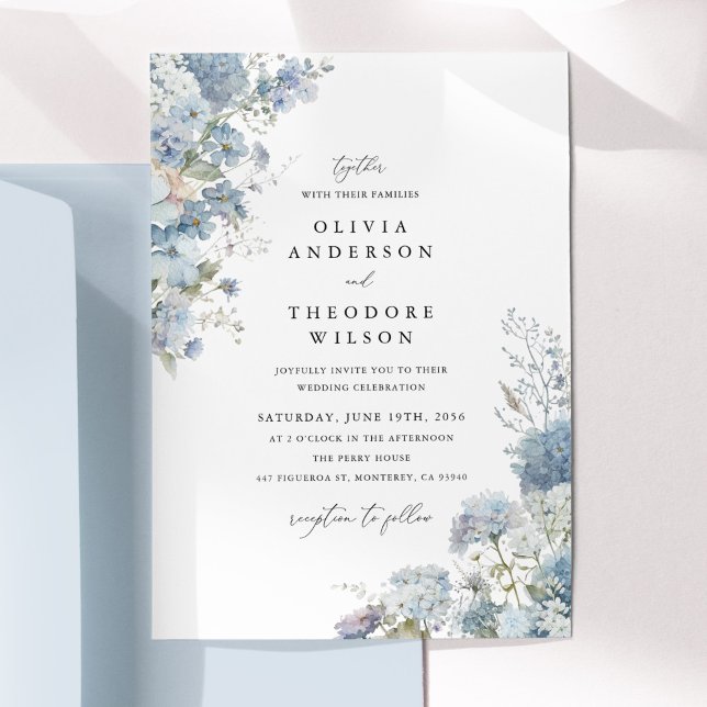 Staubblau Aquarell Blumen Elegante Hochzeit Einladung (Dusty blue watercolor floral wedding invitation, hydrangea blooms, romantic garden style stationery)