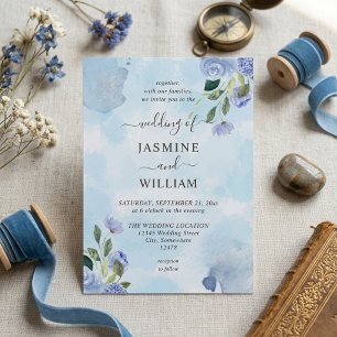 Staubblau Aquarell Blumen Romantische Hochzeit Einladung