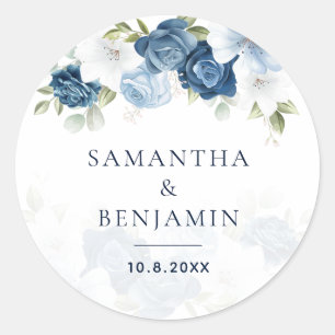 Staubblau Aquarell Blumen Schrift Hochzeit Benutze Runder Aufkleber