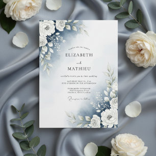 Staubblau Aquarell Blumenhochzeit Einladung