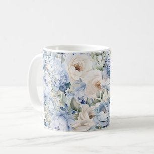 Staubblau Aquarell Elfenbein Blumen Blätter Rustik Kaffeetasse