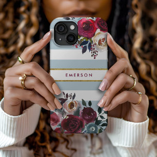 Staubblau Boho Blumen Streifen Monogramm Case-Mate iPhone Hülle