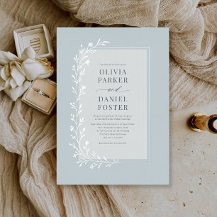 Staubblau Botanische Blumige Hochzeit Silber Folieneinladung